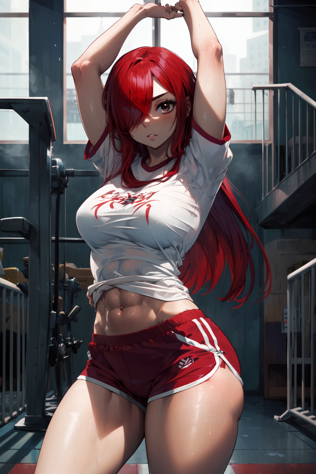 00006-3571586919-masterpiece,best quality,1girl,(solo),mature female,erza scarlet,hair over one eye,red hair,thick thighs,(muscular),gym shirt,gy.png